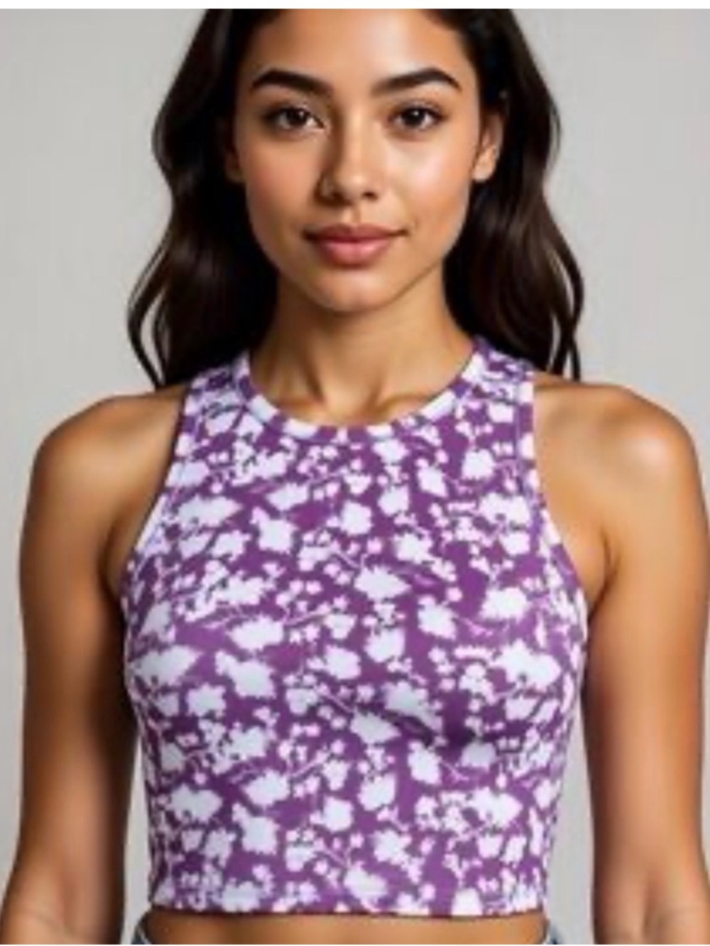 BECCO Purple & White Floral Longline High-Neck Sports Bra Top Size Small NWOT